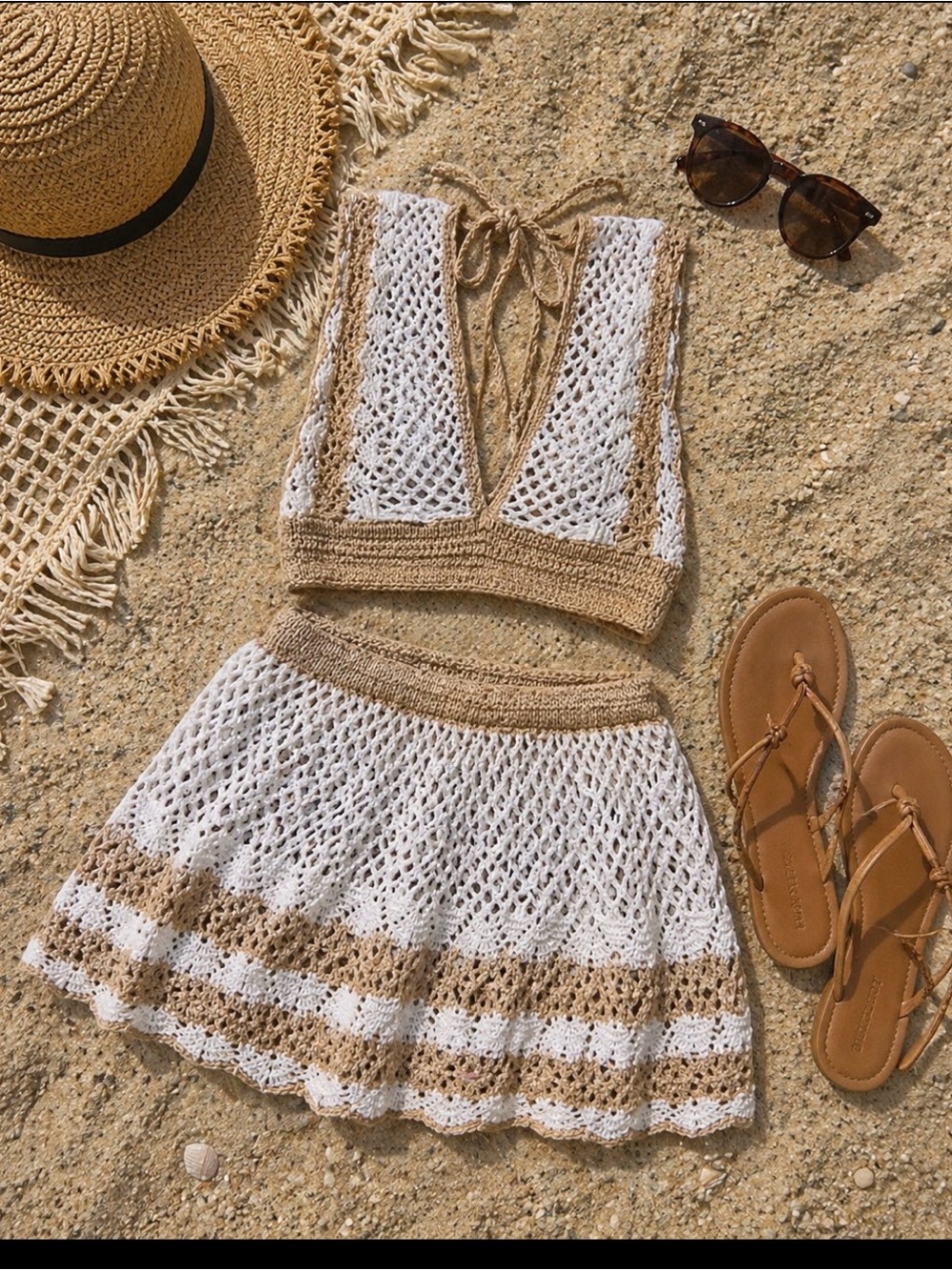 New Crochet Two Piece Set White Tan top skirt Boho beach vacation festival Med
